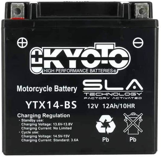 Batteria moto Kyoto SLA YTX14-BS AGM - Pronta all'uso - 12 V 12 Ah - Dimensioni: 150 x 87 x 147 mm