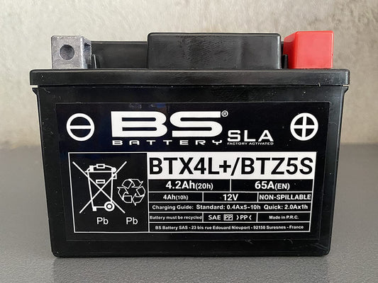 Batteria moto BS SLA BTX4L+ (YTX4L-BS) AGM - Senza manutenzione - 12 V 3 Ah - Dimensioni: 113 x 70 x 85 mm