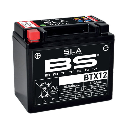 Batteria moto BS SLA BTX12 (YTX12-BS) AGM - Senza manutenzione - 12 V 10 Ah - Dimensioni: 150 x 87 x 130 mm