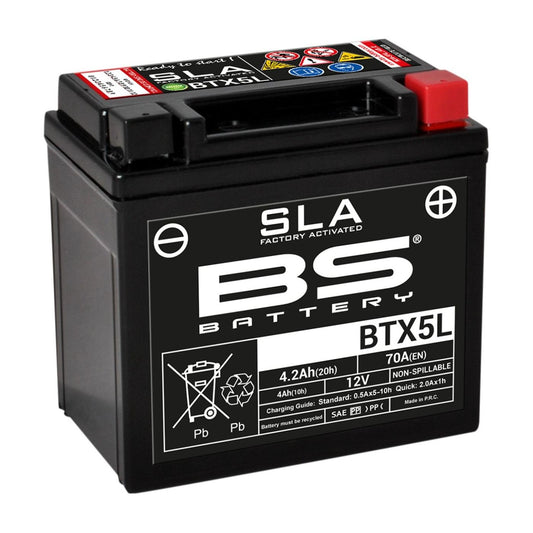 Batteria moto BS SLA BTX5L (YTX5L-BS) AGM - Senza manutenzione - 12 V 4 Ah - Dimensioni: 113 x 70 x 105 mm
