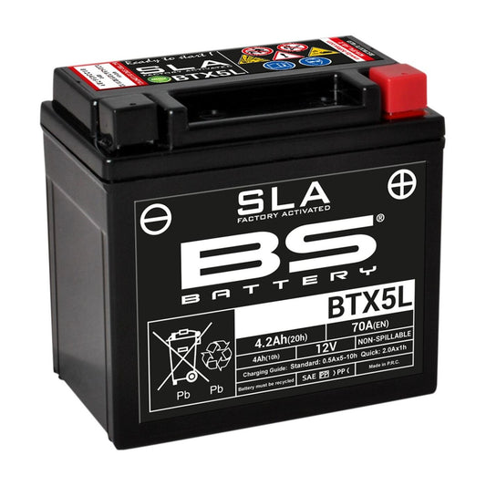 Batteria moto BS SLA BTX5L (YTX5L-BS) AGM - Senza manutenzione - 12 V 4 Ah - Dimensioni: 113 x 70 x 105 mm compatibile con KYMCO MXER 50 2002-2003