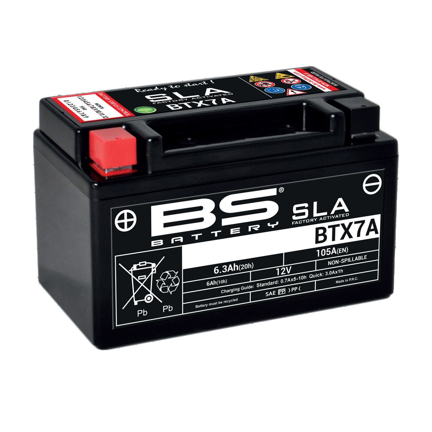 Batteria moto BS SLA BTX7A (YTX7A-BS) AGM - Senza manutenzione - 12 V 6 Ah - Dimensioni: 150 x 87 x 93 mm compatibile con SUZUKI UX Sixteen 125 2008