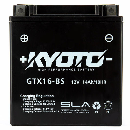 Batteria moto Kyoto SLA GTX16-BS (YTX16-BS) AGM - Senza manutenzione - 12 V 14 Ah - Dimensioni: 150 x 87 x 161 mm compatibile con SUZUKI LT-A500F Quad Master 500 2000-2001