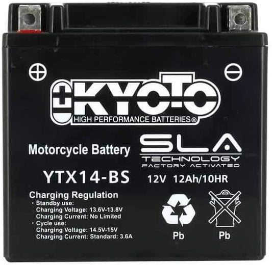Batteria moto Kyoto SLA YTX14-BS AGM - Pronta all'uso - 12 V 12 Ah - Dimensioni: 150 x 87 x 147 mm compatibile con Kawasaki QUAD KVF BRUTE FORCE 4X4 650 2002/2013