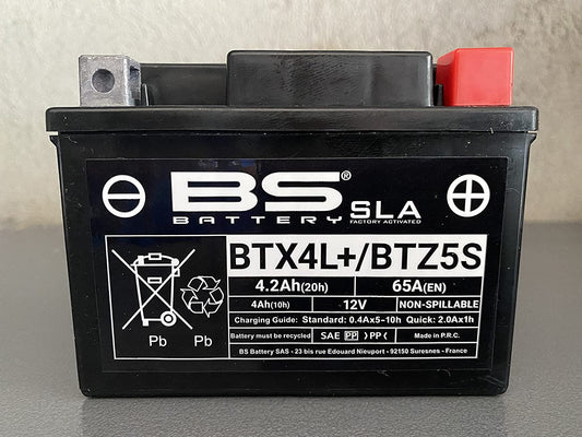 Batteria moto BS SLA BTX4L+ (YTX4L-BS) AGM - Senza manutenzione - 12 V 3 Ah - Dimensioni: 113 x 70 x 85 mm compatibile con AEON (BENZAI) Cobra/CX-Sport 90