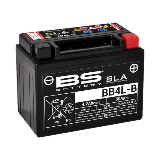 Batteria moto BS SLA BB4L-B (YB4L-B) AGM - Senza manutenzione - 12 V 4 Ah - Dimensioni: 120 x 70 x 92 mm compatibile con BENELLI Scooty LX/DLX 50 1994