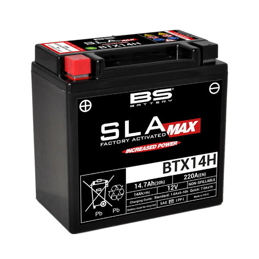 Batteria moto BS SLA MAX BTX14H (YTX14H-BS) AGM - Senza manutenzione - 12 V 14 Ah - Dimensioni: 150 x 87 x 145 mm compatibile con Piaggio MP3 YOURBAN ERL 125 2011/2012