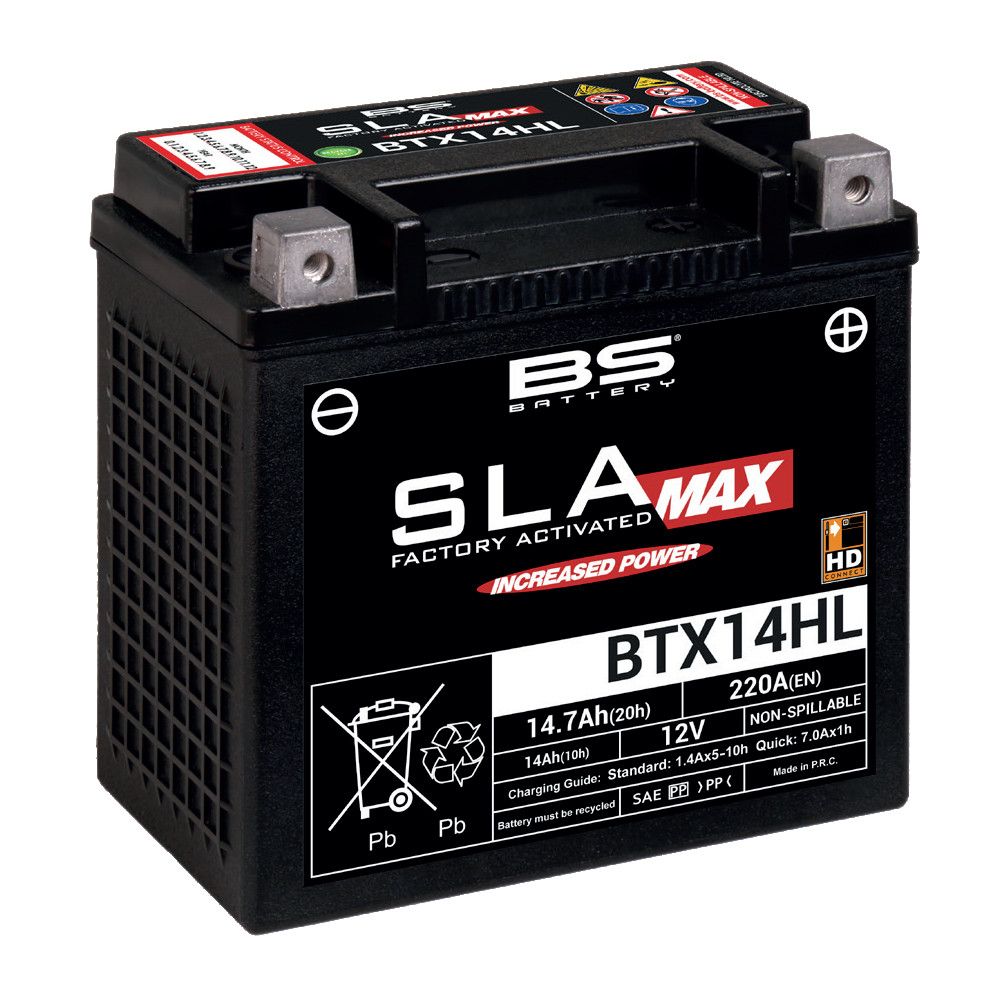 Batteria moto BS SLA MAX BTX14HL-BS (YTX14HL-BS) - Senza manutenzione - 12 V 14 Ah - Dimensioni: 149 x 87 x 144 mm compatibile con HARLEY-DAVIDSON 883 Superlow XL883L 883 2011-